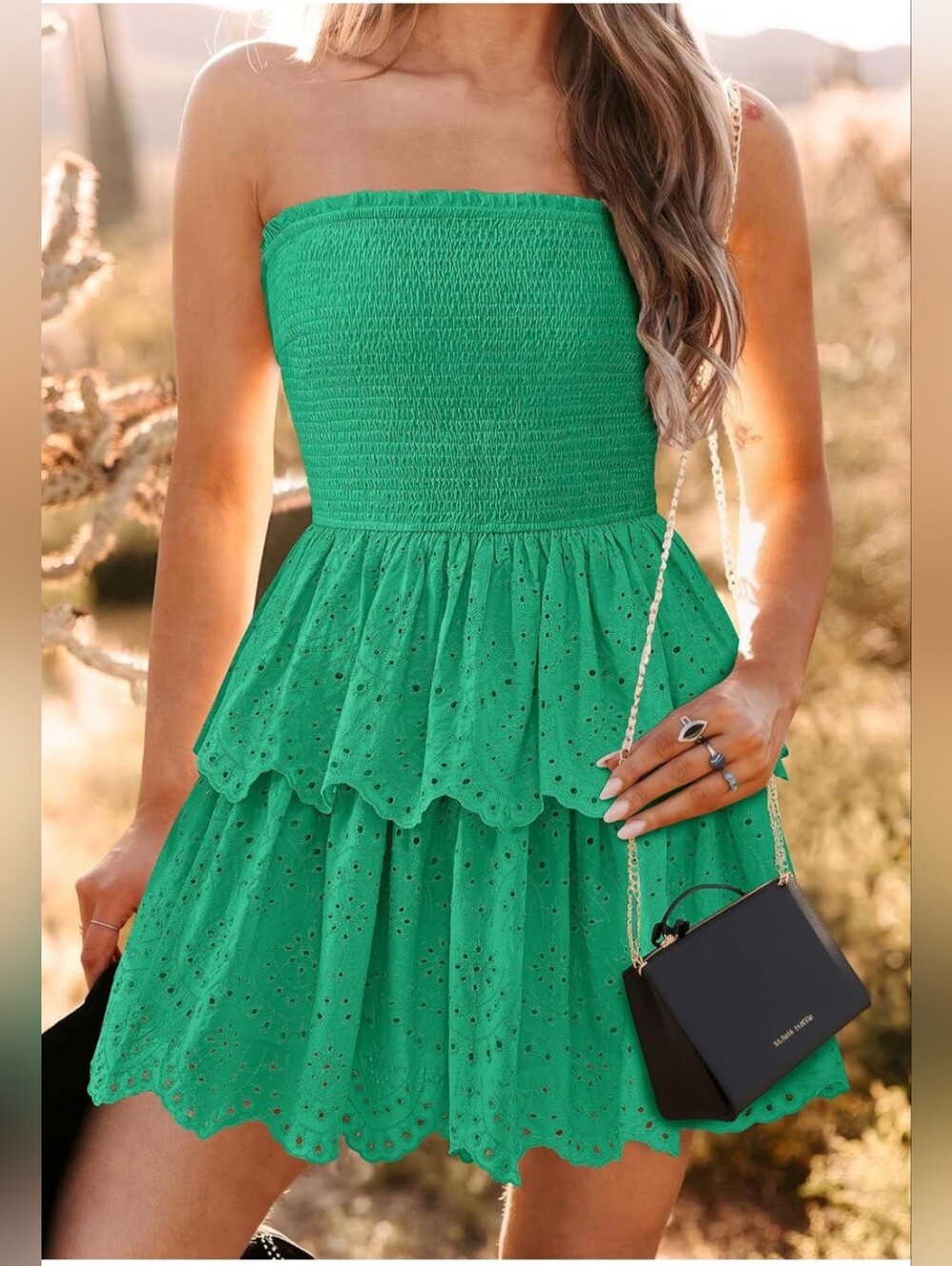BTFBM Strapless Smocked Eyelet Mini Dress Green Size S‎ NWT Cruise, Resortwear